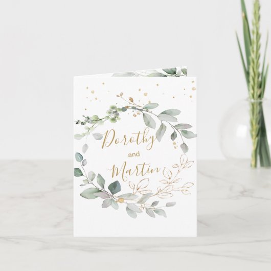 グリーンとゴールドの葉の結婚式 招待状（折りたとう紙) 招待状 (正面)