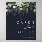 グリーンとゴールドの葉 | ネイビー カードとギフト ポスター (正面)