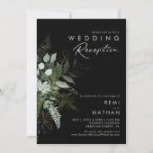 グリーンとゴールドの葉 | ブラック ウェディング レセプション 招待状 (正面)