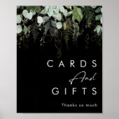 グリーンとゴールドの葉 | 黒のカードとギフト ポスター (正面)