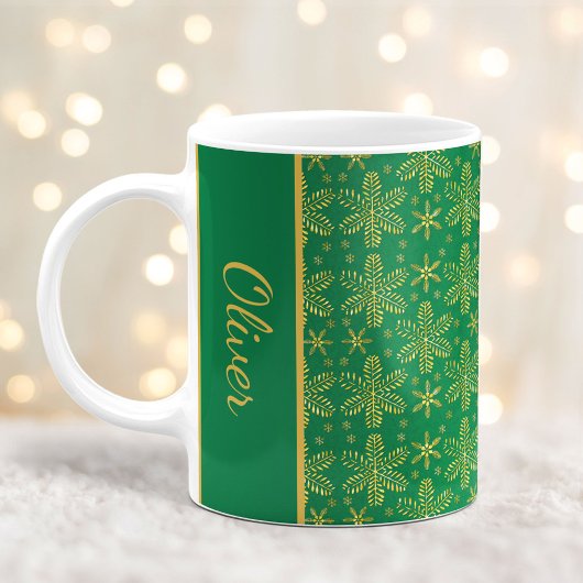 グリーンとゴールドの雪の結晶 クリスマスマグカップ 名前入り コーヒーマグカップ