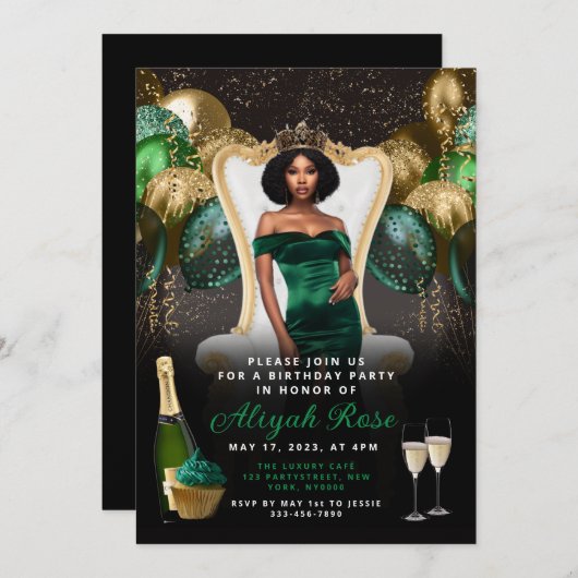 グリーンとゴールドの風船 ロイヤル誕生日招待状 招待状 (正面/裏面)