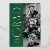 グリーンとゴールドフォイル3写真卒業パーティー 箔招待状 (正面)