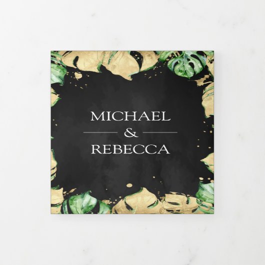 グリーンとゴールド箔モンステラパームブラック結婚ズ 三つ折り招待状 (カバー)