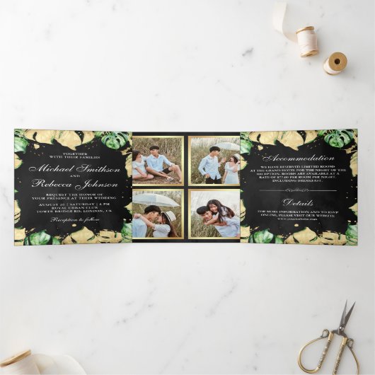 グリーンとゴールド箔モンステラパームブラック結婚ズ 三つ折り招待状 (内部)