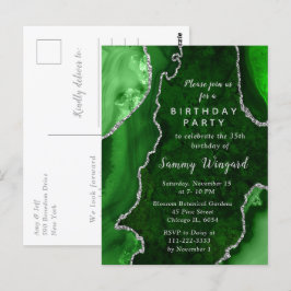 グリーンとシルバーのアゲート大理石の誕生日パーティー ポストカード