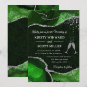 グリーンとシルバーのグリッターアゲ結婚ート 招待状 (正面/裏面)
