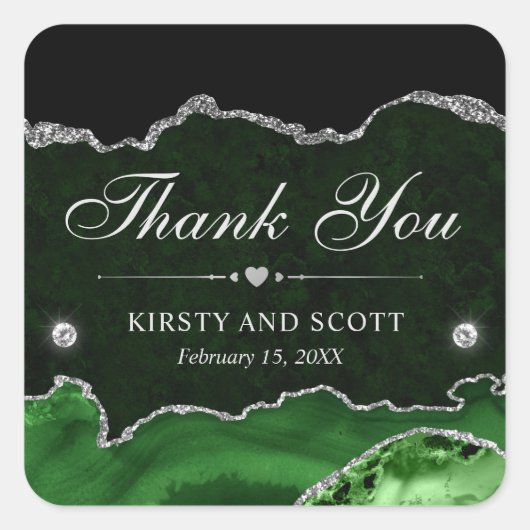 グリーンとシルバーのグリッターマーブル結婚ズ スクエアシール (正面)