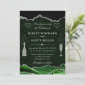 グリーンとシルバーのグリッター マーブル アゲート ウェディング 招待状 (スタンド正面)