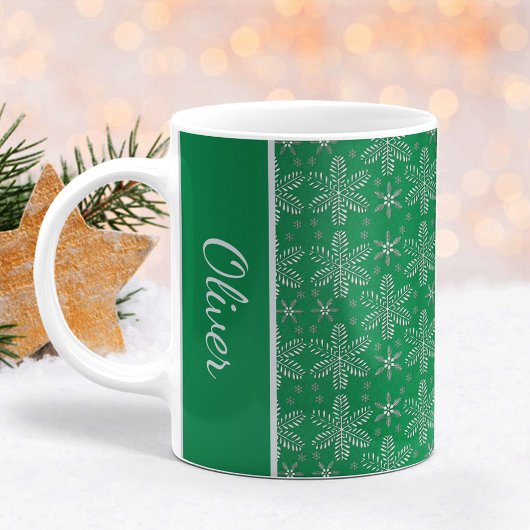 グリーンとシルバーの雪の結晶 クリスマスマグ コーヒーマグカップ