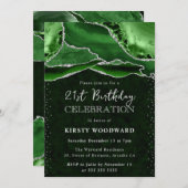 グリーンとシルバーグリッターアゲート21歳の誕生日 招待状 (正面/裏面)