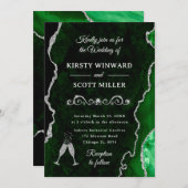 グリーンとシルバーグリッターアゲート&マーブル結婚ズ 招待状 (正面/裏面)