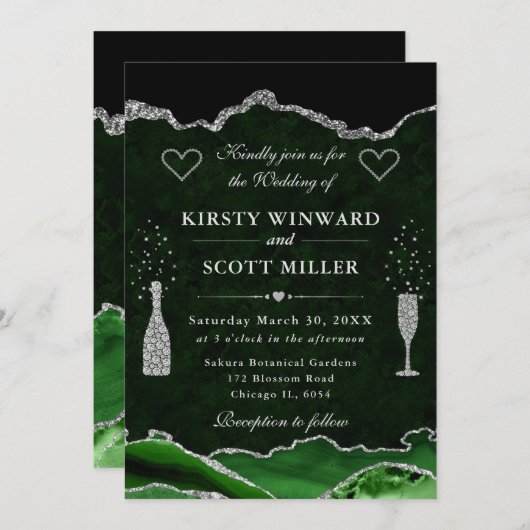 グリーンとシルバーグリッターマーブルアゲ結婚ット 招待状 (正面/裏面)