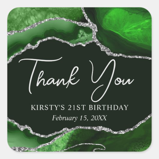 グリーンとシルバーフェイクグリッターアゲート誕生日パーティー スクエアシール (正面)
