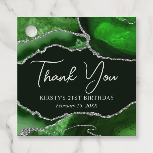 グリーンとシルバーフェイクグリッターアゲート誕生日パーティー フェイバータグ (正面)