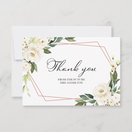 グリーンとジオメトリックなホワイトのウェディングシャワーお礼 サンキューカード (正面)