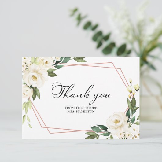 グリーンとジオメトリックなホワイトのウェディングシャワーのお礼 サンキューカード (スタンド正面)