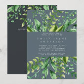 グリーンとスチールブルーのモダンな華やかな結婚前お披露目パーティ 招待状 (正面/裏面)