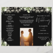 グリーンとストリングライトの三つ折り結婚式プログラム チラシ (正面)