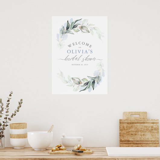 グリーンとダスティーブルーのエレガントなブライダルシャワーポスター ポスター (キッチン)