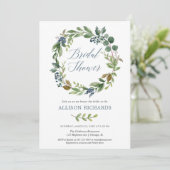 グリーンとダスティーブルーの花環 ラスティックなブライダル 招待状 (スタンド正面)