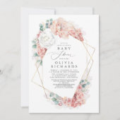 グリーンとダスティーローズの花のベイビーシャワー 招待状 (正面)