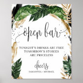 グリーンとトロピカルな葉と花のオープンバーサイン ポスター (正面)