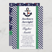 グリーンとネイビーアンカーのマリン ベイビーシャワー 招待状 (正面/裏面)
