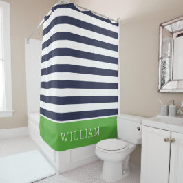 グリーンとネイビーストライプズモノグラム シャワーカーテン