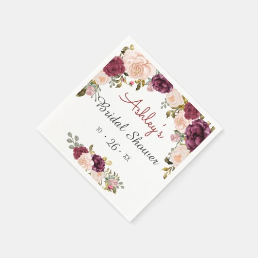 グリーンとバーガンディとマルサラの赤の花のウェディングシャワーのパーティー用品 スタンダードカクテルナプキン (角)