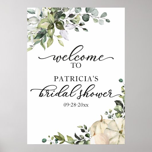 グリーンとパンプキンの秋のウェルカムサイン 結婚前のお披露目パーティー ポスター (正面)