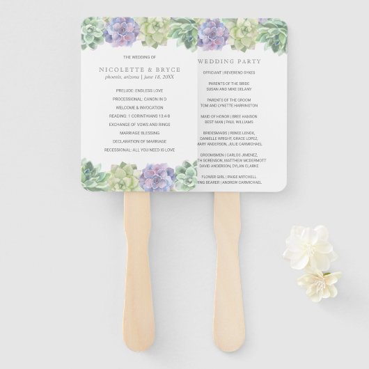グリーンとパープルの多肉植物の結婚式プログラム ハンドファン (正面&裏面)