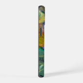 グリーンとパープルの抽象的な花柄 iPhone 15ケース (右側面)