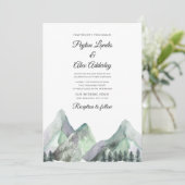 グリーンとパープルの水彩山々 ウェディング招待状 招待状 (スタンド正面)