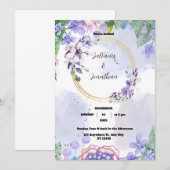 グリーンとパープルの花の水彩画 ウェディング招待状 招待状 (正面/裏面)