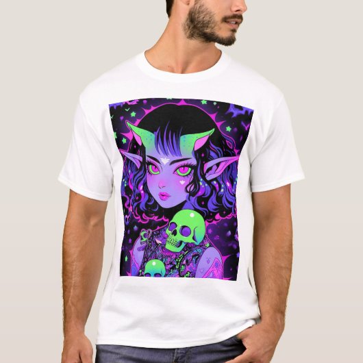 グリーンとパープルエイリアン小妖精や小人アニメガール Tシャツ (正面)