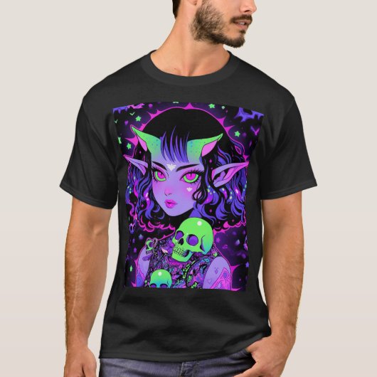 グリーンとパープルエイリアン小妖精や小人アニメガール Tシャツ (正面)