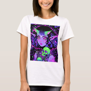 グリーンとパープルエイリアン小妖精や小人アニメガール Tシャツ