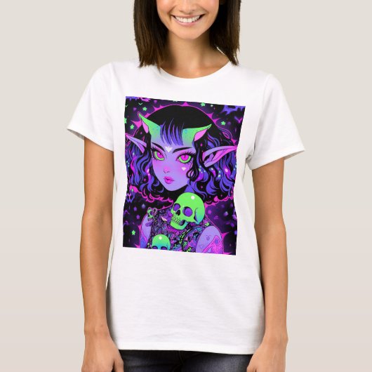 グリーンとパープルエイリアン小妖精や小人アニメガール Tシャツ (正面)