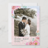 グリーンとピンクのエレガントな水彩フラワーの結婚式の写真 案内状 (裏面)