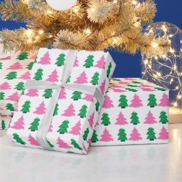 グリーンとピンクのクリスマスツリー ラッピングペーパー