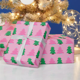 グリーンとピンクのクリスマスツリー ラッピングペーパー