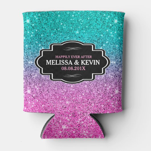 グリーンとピンクのフェイクグリッターカスタム文字 缶クーラー (正面)