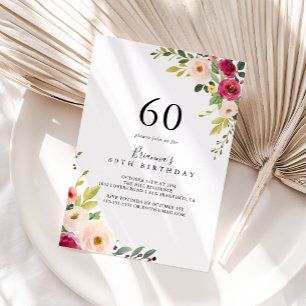 グリーンとピンクのフラワーパーティー 60歳の誕生日 招待状