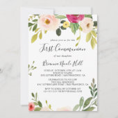 グリーンとピンクのフラワーファーストコミュニオン 招待状 (正面)
