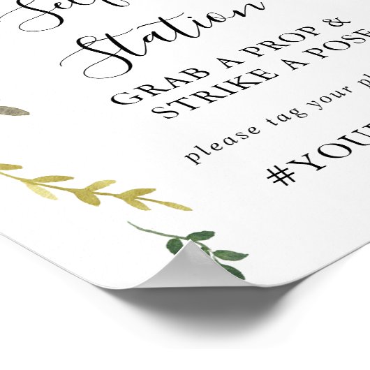 グリーンとピンクのフラワープッシュセルフィーステーションサイン ポスター (角)