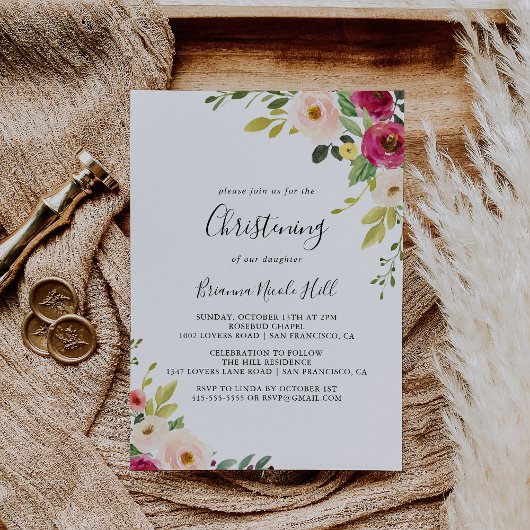 グリーンとピンクのフラワーベビー命名式 招待状