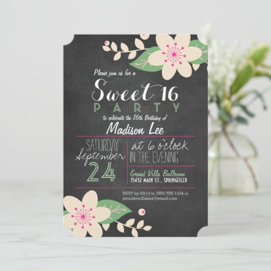 グリーンとピンクのフローラシャルボードスイート16パーティー 招待状 (スタンド正面)