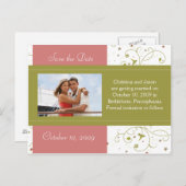 グリーンとピンクのフローラセーブ・ザ・デート案内 案内ポストカード (正面/裏面)