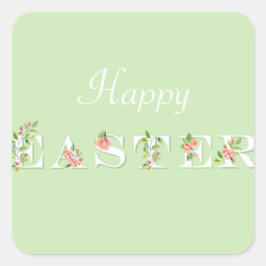 グリーンとピンクのフローラハッピーイースター スクエアシール